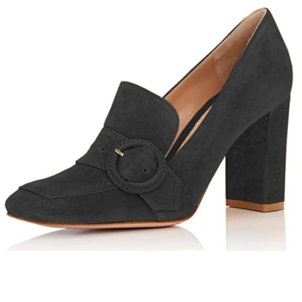 YDN Black Suede Chunky Heel Square Toe Loafer